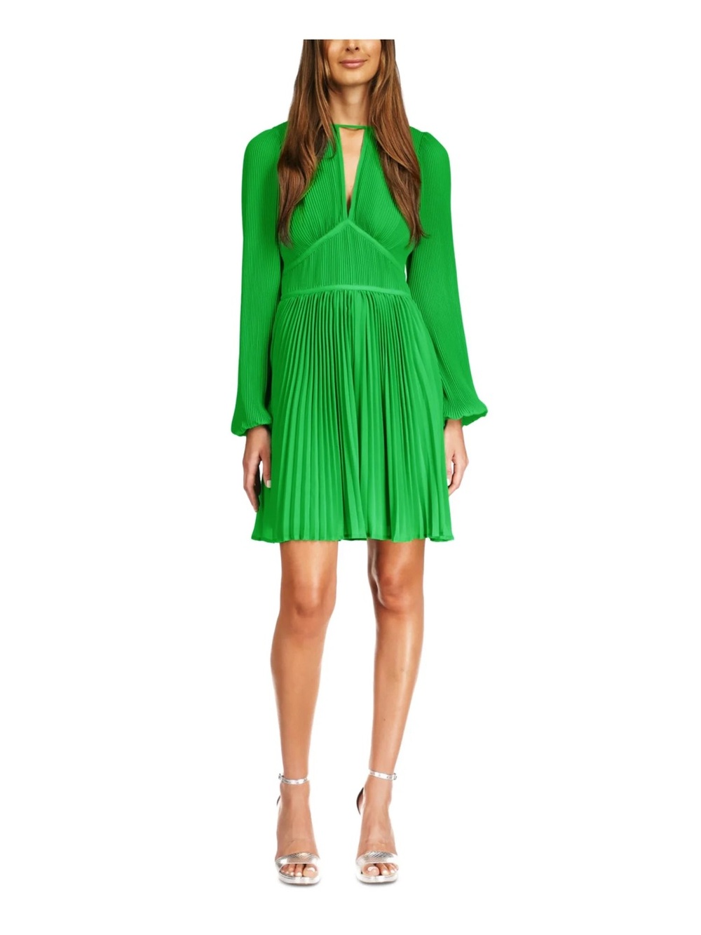 Emerald Green Pleated Long-Sleeve Mini Dress by Michael Kors